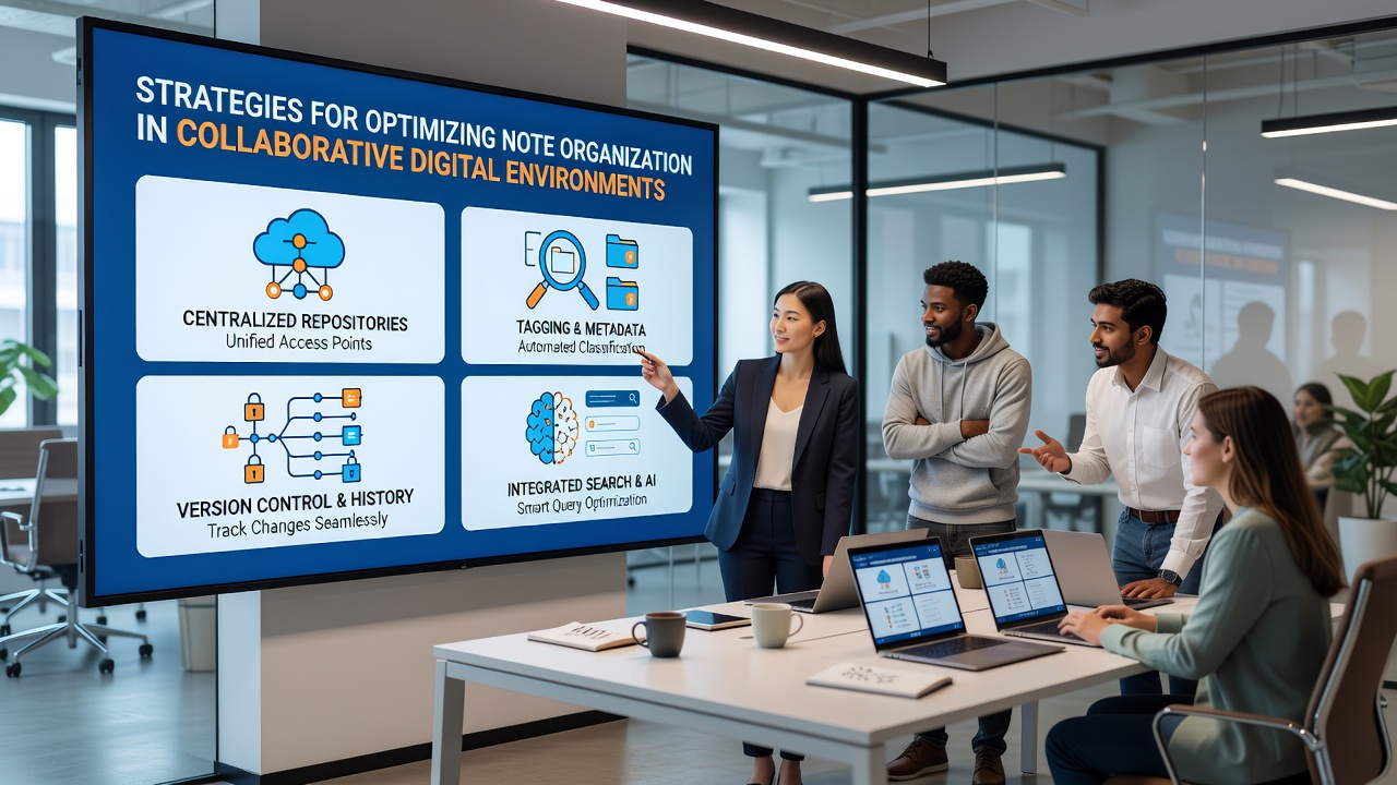 Digital interface displaying tagged notes with version history visible in a collaborative workspace